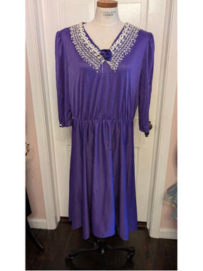 Women's 80's Whirlaway Frocks Purple Long Sleeve Dress with White Lace, 2X